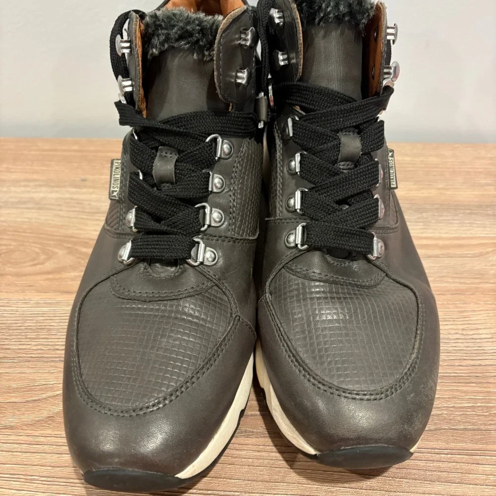 Pikolinos Mundaka Leather Hiking Sneaker Boots Gray Size 41 Womens Faux Fur Trim